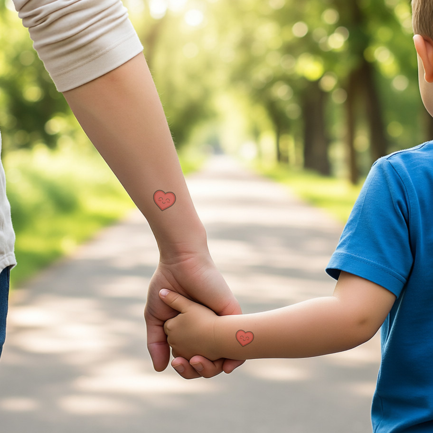 Parent and child holding hands, with Little Link temporary tattoos to support connection and calm for children with separation anxiety