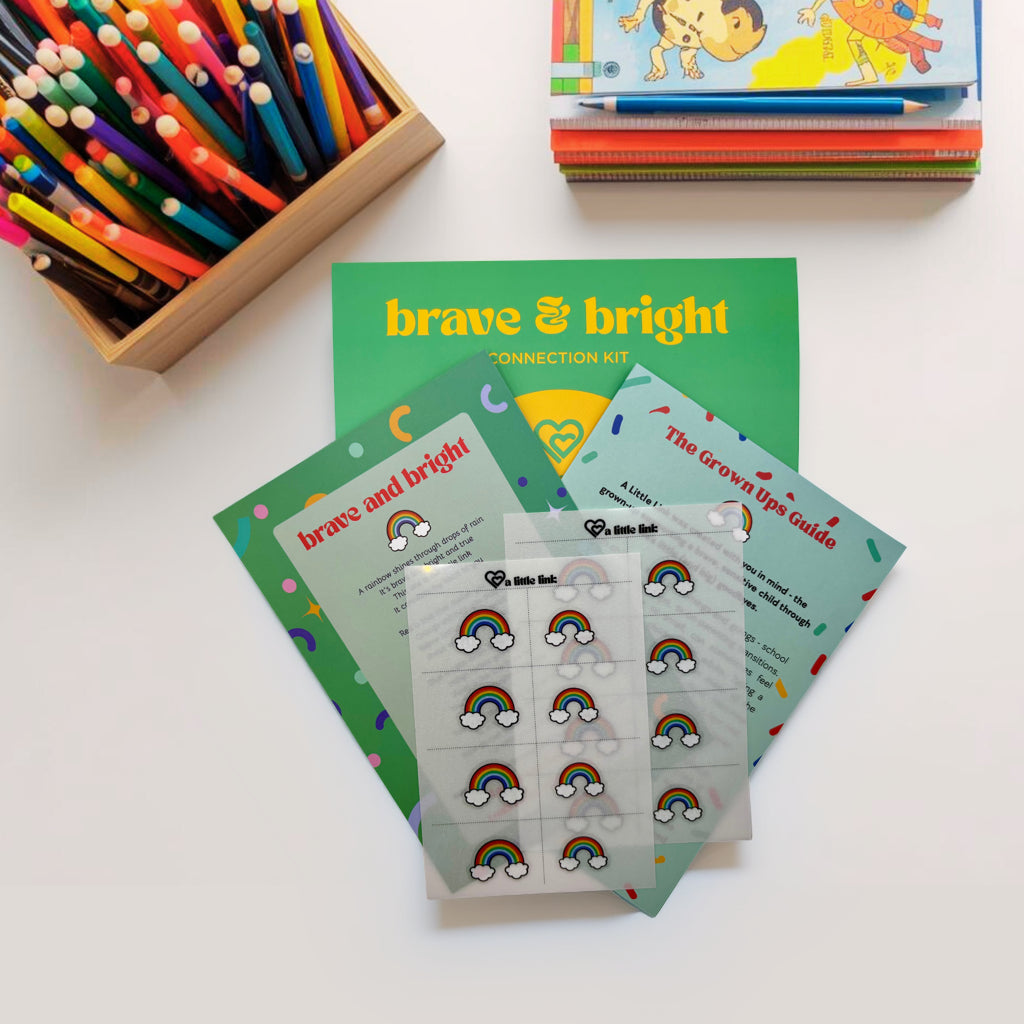 Little Link Brave and Bright kit with rainbow designs, matching press on tattoos, and guide to support emotional resilience and mindfulness for children