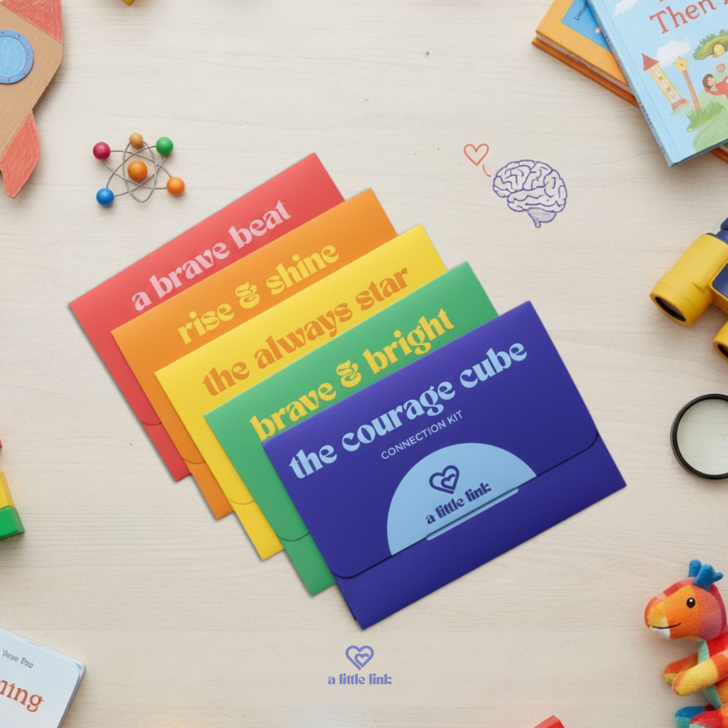 Brave Bunch Collection with six mindful connection kits, colourful tattoos, and caregiver guides for kids’ courage and calm