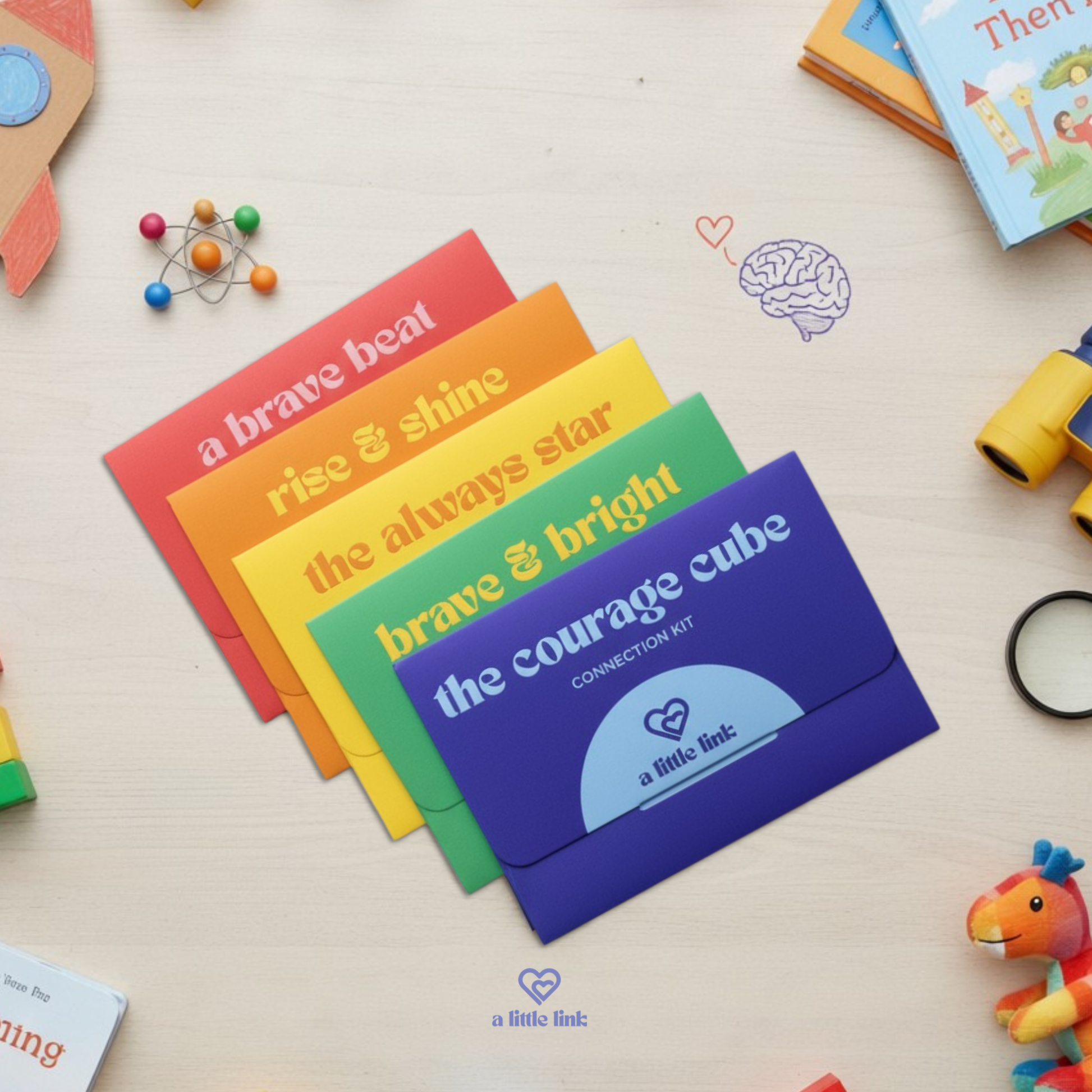 Brave Bunch Collection with six mindful connection kits, colourful tattoos, and caregiver guides for kids’ courage and calm