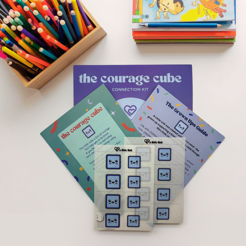 Little Link Courage Cube mindfulness pack for children with tattoos and box breathing tools for calm, focus, and courage.